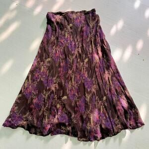 90s Vintage purple, brown and pink paisley floral midi skirt - Size Medium